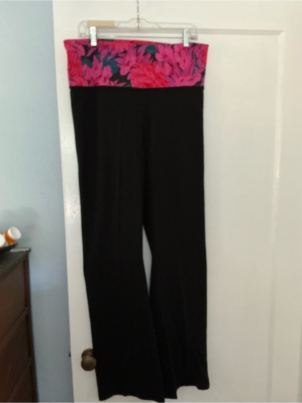 Victoria Secret Black Wide-Leg Yoga Pants with Pink Floral Waistband